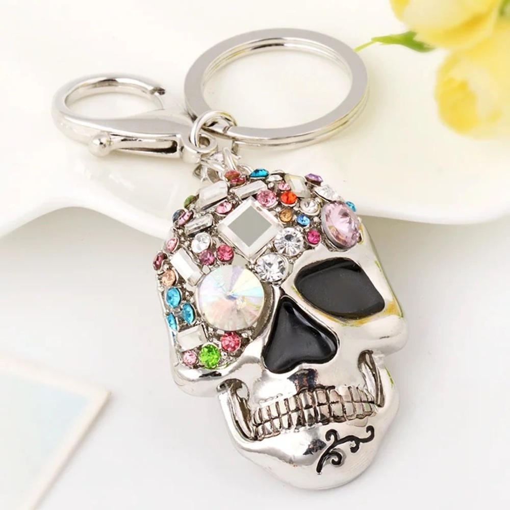 Multicolored Crystal & Silver Skull Keychain Charm - Picture 1 of 14